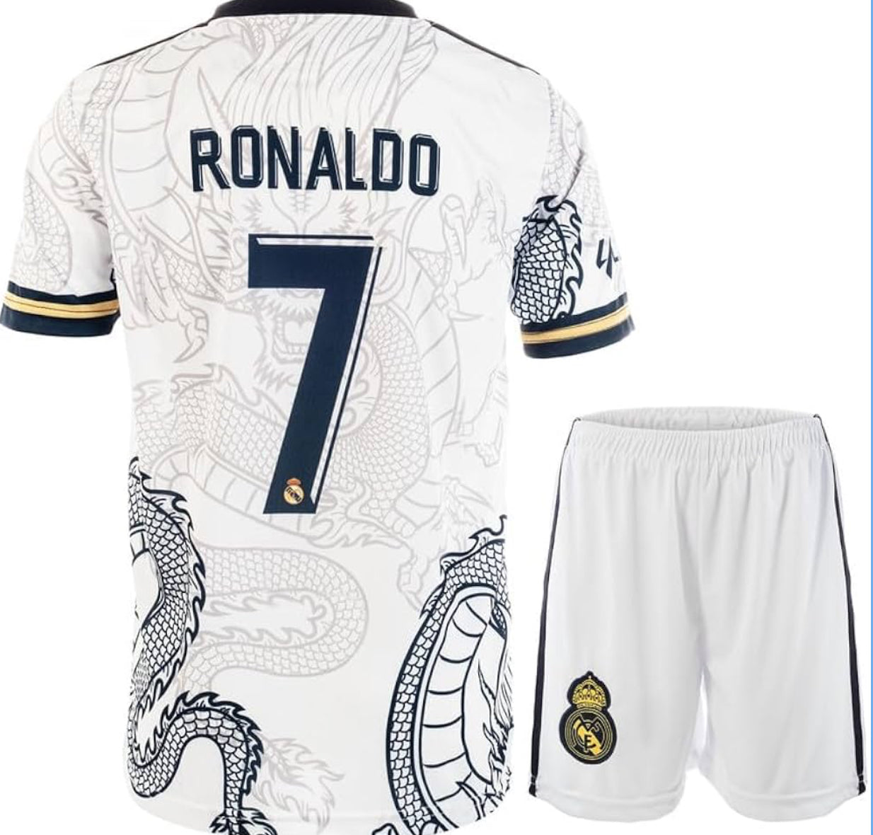 Pitch and Trek Madrid Ronaldo Dragon Kids Soccer Jersey Shirts Football Futbol Socks Gift Set Youth Size